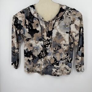 Susan Graver Liquid Knit Floral Lace Up Neck Top Neutral Black Tan Grey Womens M